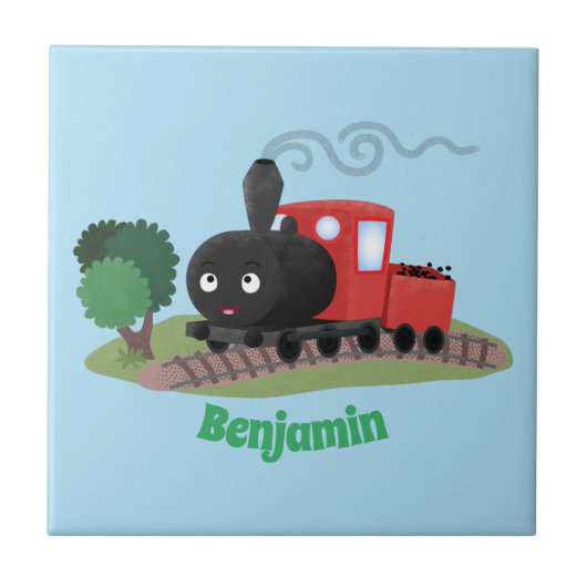 Cute stoomtrein cartoon illustratie tegeltje (Voorkant)