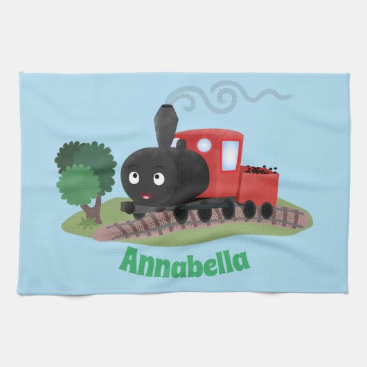 Cute stoomtrein cartoon illustratie theedoek (Horizontaal)