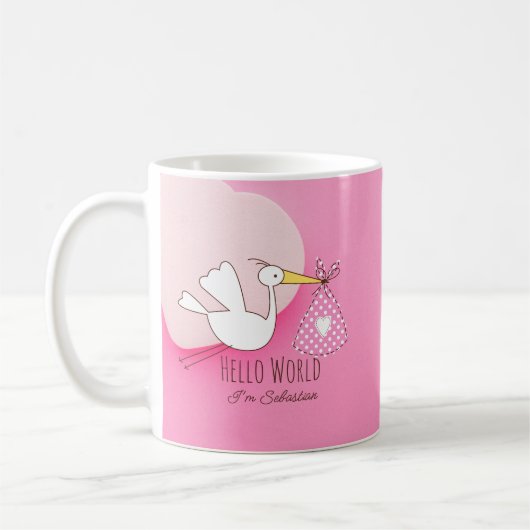 Cute Stork Baby Boy Hello World Sebastian Pink Mug Koffiemok (Links)