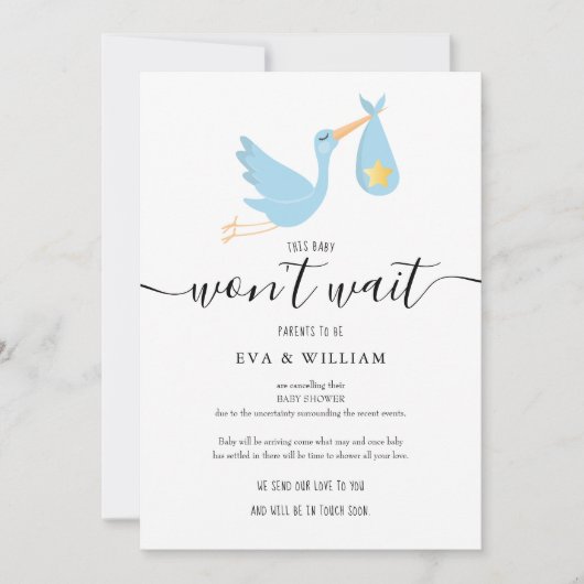 Cute Stork Baby shower Sprinkle Annuleren Card Kaart (Voorkant)