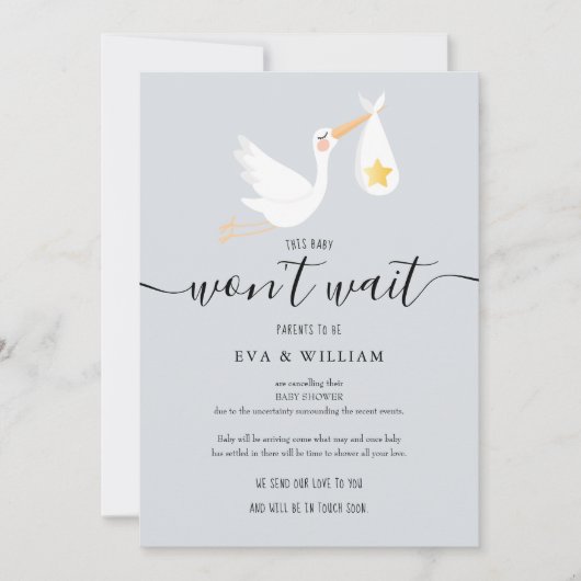 Cute Stork Baby shower Sprinkle Annuleren Card Kaart (Voorkant)