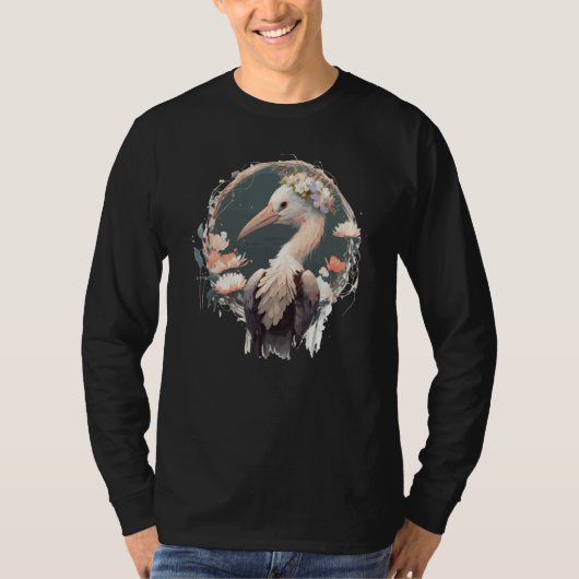 Cute Stork Bird Flower Crown Floral Birds T-shirt (Voorkant)