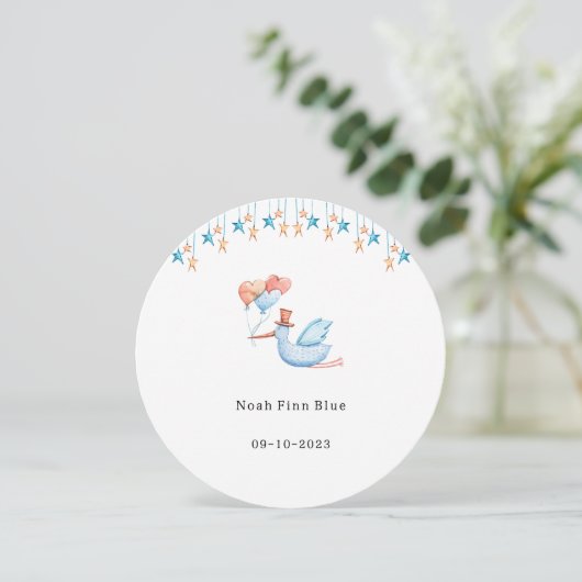 Cute Stork Bird With Balloons Blue Baby Boy Card Kaart (Staand voorkant)