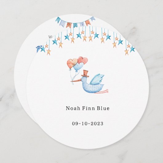 Cute Stork Bird With Balloons Blue Baby Boy Card Kaart (Voorkant / Achterkant)