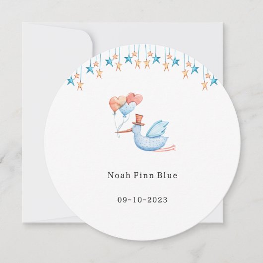 Cute Stork Bird With Balloons Blue Baby Boy Card Kaart (Voorkant)