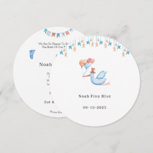 Cute Stork Bird With Balloons Blue Baby Boy Card Kaart