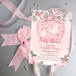 Cute Stork Bloemen Baby Shower Uitnodiging