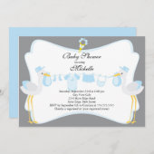 Cute Stork Boy Baby shower Invitation Kaart (Voorkant / Achterkant)