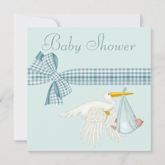 Cute Stork die Baby Boy Blue Baby shower levert Kaart (Voorkant)