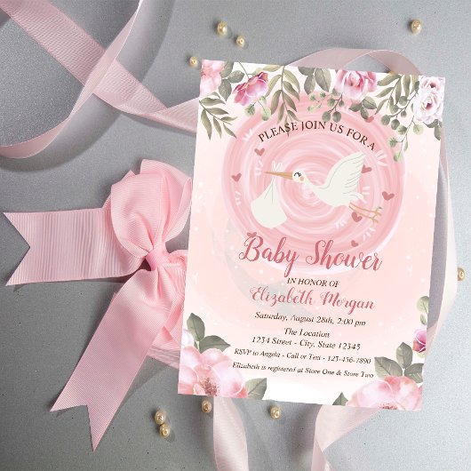 Cute Stork Floral Baby shower Invitation Kaart