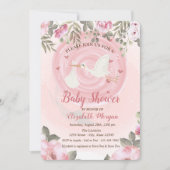 Cute Stork Floral Baby shower Invitation Kaart (Voorkant)