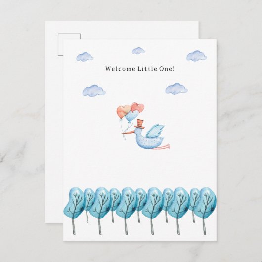 Cute Stork Flying Over The Forest Welcome New Baby Briefkaart (Voorkant / Achterkant)
