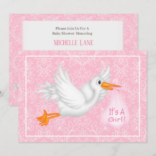 Cute Stork Het is een Girl Pink Baby shower Uitnod Kaart