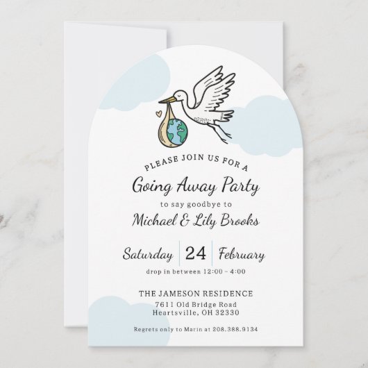 Cute Stork Holding World Going Away Kaart (Voorkant)