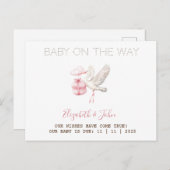 Cute Stork Pink Present Aankondigingskaart (Voorkant / Achterkant)
