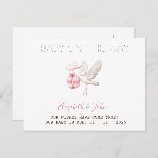 Cute Stork Pink Present Aankondigingskaart (Voorkant / Achterkant)