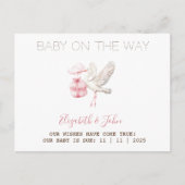 Cute Stork Pink Present Aankondigingskaart (Voorkant)