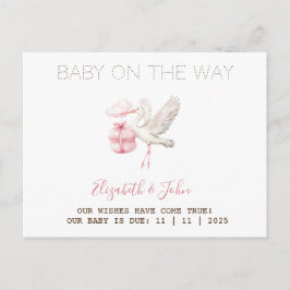 Cute Stork Pink Present Aankondigingskaart