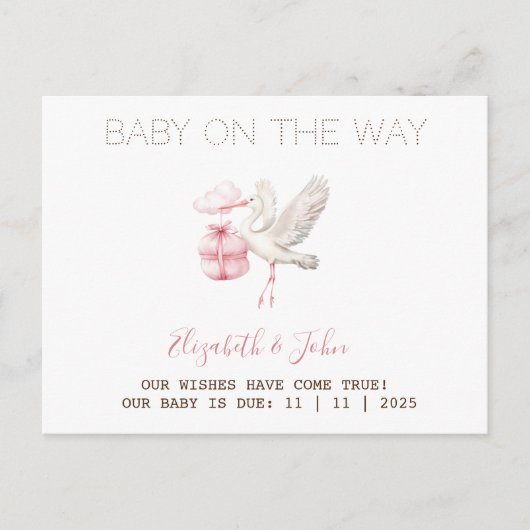 Cute Stork Pink Present Aankondigingskaart (Voorkant)