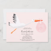 Cute stork roze tas illustratie babymeisje douche kaart (Voorkant)
