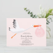 Cute stork roze tas illustratie babymeisje douche kaart (Staand voorkant)