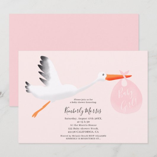 Cute stork roze tas illustratie babymeisje douche kaart (Voorkant / Achterkant)