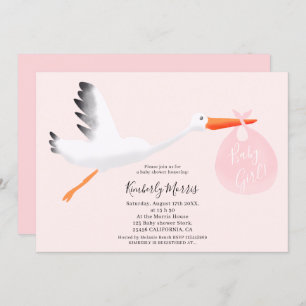 Cute stork roze tas illustratie babymeisje douche kaart