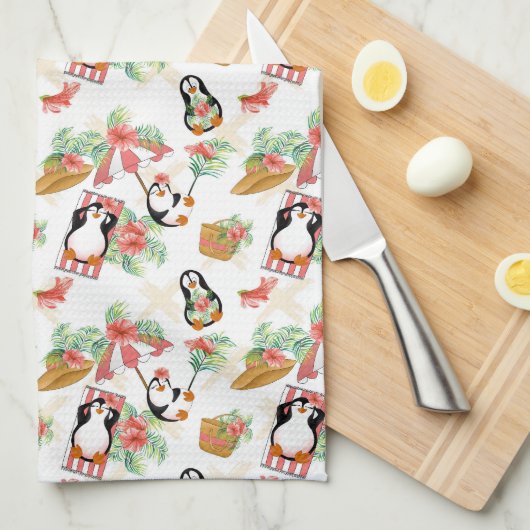 Cute strand pinguins betegeld theedoek (Quarter Fold)
