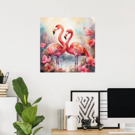 Cute strand roze flamingo poster (Thuiskantoor)