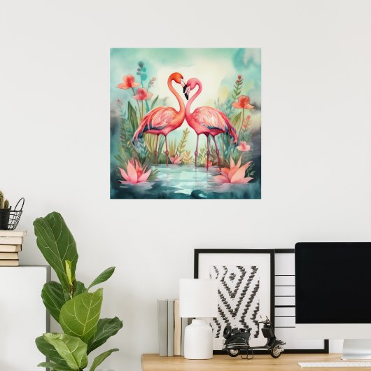 Cute strand roze flamingo poster (Thuiskantoor)