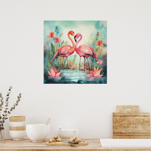 Cute strand roze flamingo poster (Keuken)