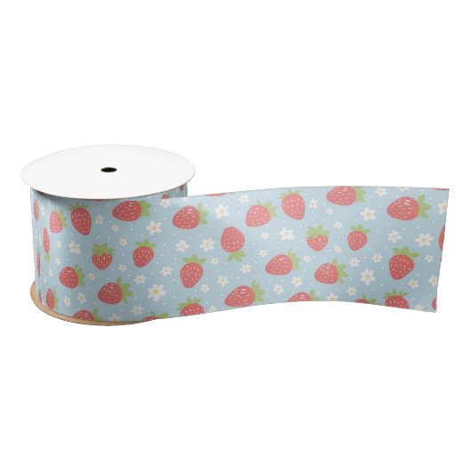 Cute Strawberries & Strawberry Flower Pattern Blue Satijnen Lint (Spoel)