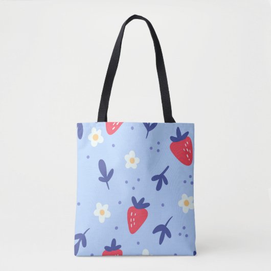 Cute Strawberry and Spring Flower Pattern on Blue Tote Bag (Voorkant)
