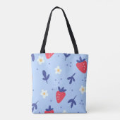 Cute Strawberry and Spring Flower Pattern on Blue Tote Bag (Achterkant)