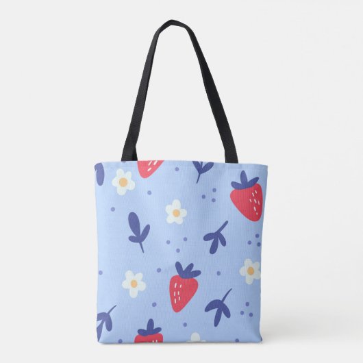 Cute Strawberry and Spring Flower Pattern on Blue Tote Bag (Achterkant)