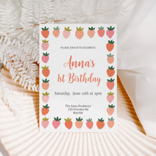 Cute Strawberry Birthday Invitation Kaart