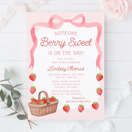 Cute Strawberry Bow Girl Baby Shower Kaart
