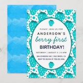 Cute Strawberry Boy Berry First Birthday Party Kaart (Voorkant / Achterkant)
