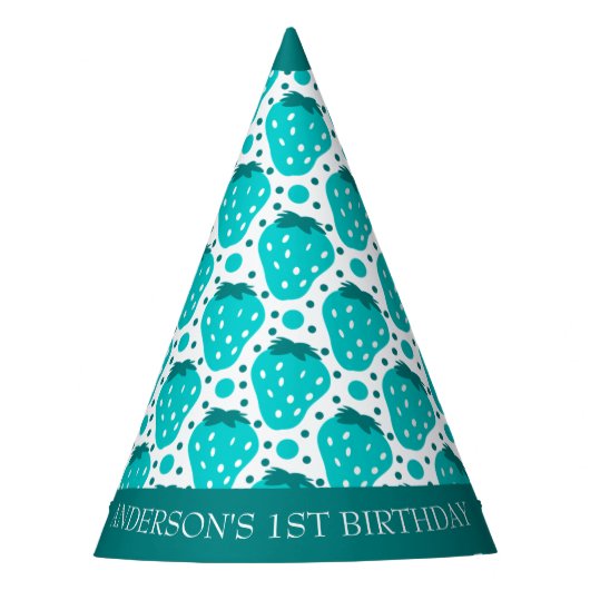 Cute Strawberry Boy First Birthday Blue Feesthoedjes (Voorkant)