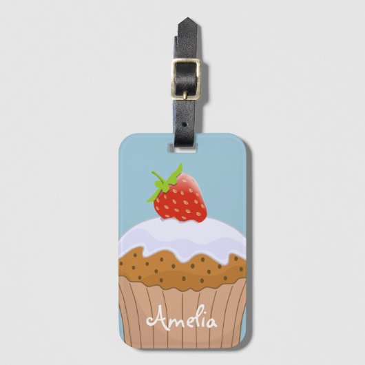 Cute Strawberry Bun Personalized Blue Bagagelabel (Voorkant (verticaal))