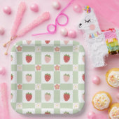 Cute Strawberry Checkered Kids Birthday  Papieren Bordje (Feest)