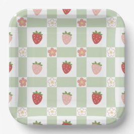 Cute Strawberry Checkered Kids Birthday  Papieren Bordje