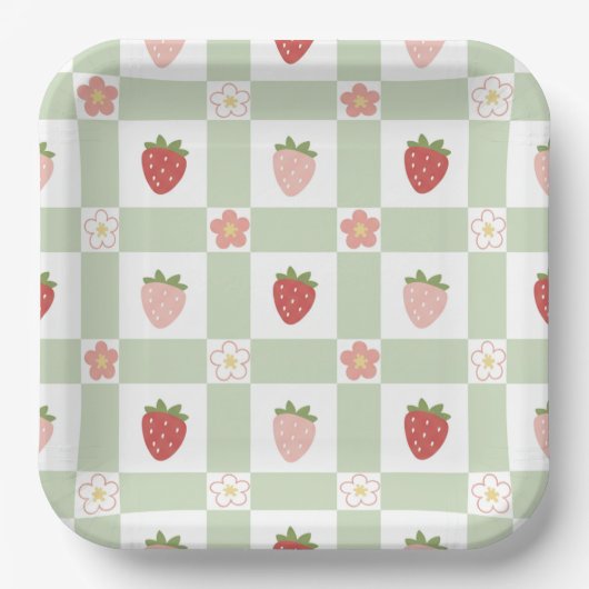 Cute Strawberry Checkered Kids Birthday  Papieren Bordje (Voorkant)