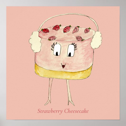 Cute Strawberry Cheesecake Funny Quirky Cake Pink Poster (Voorkant)