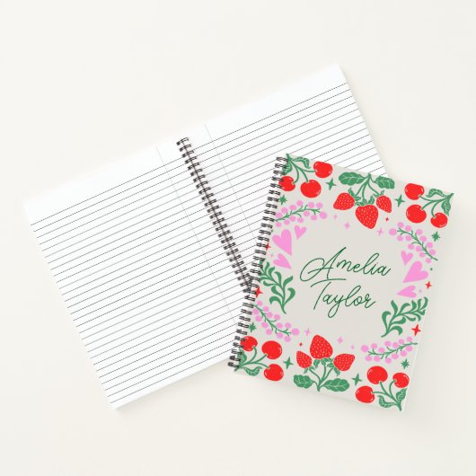 Cute Strawberry Cherry Aesthetic Personalized Name Notitieboek (Binnen)