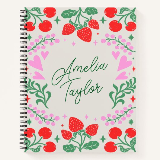 Cute Strawberry Cherry Aesthetic Personalized Name Notitieboek (Voorkant)