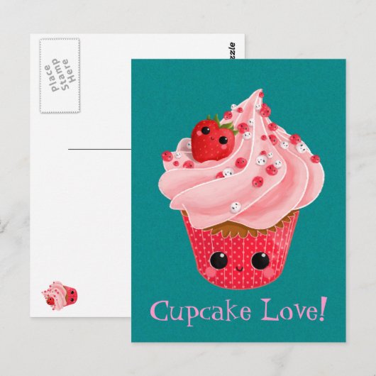 Cute Strawberry Cupcake Briefkaart (Voorkant / Achterkant)