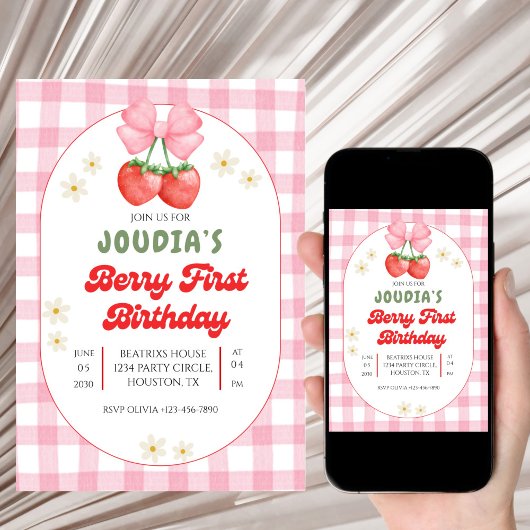 Cute Strawberry Fruit Daisy Berry First Birthday  Kaart