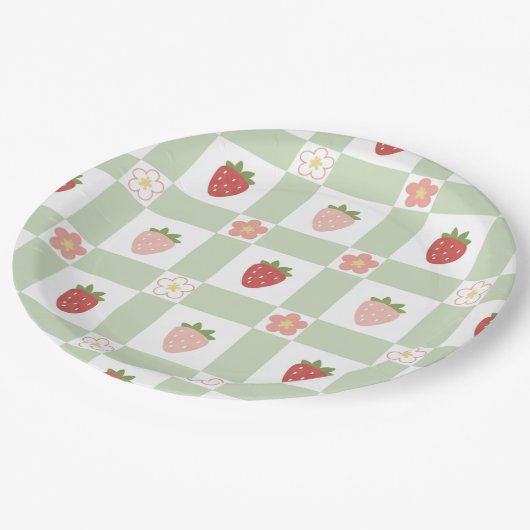 Cute Strawberry Gingham Pastel Green 1st Birthday Papieren Bordje (Gekanteld)