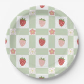 Cute Strawberry Gingham Pastel Green 1st Birthday Papieren Bordje (Voorkant)